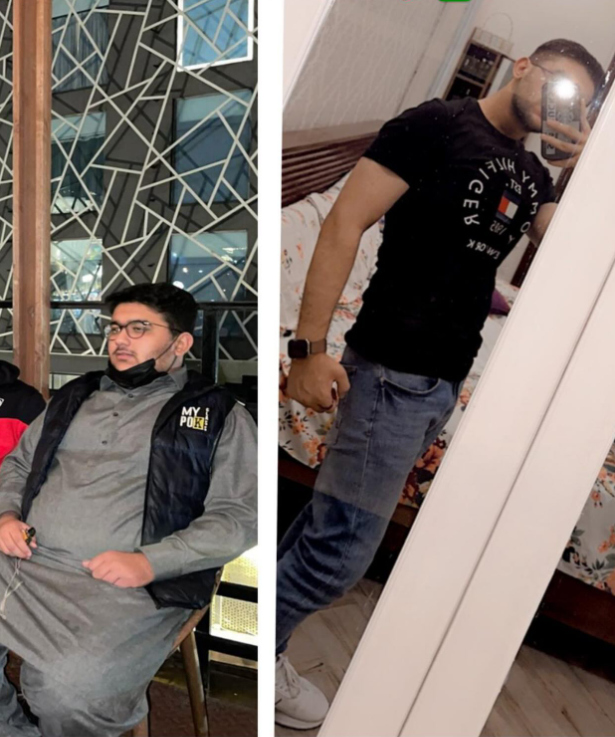 Client before and after — leaner, more defined after coaching