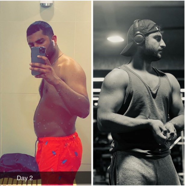 Client before and after — body recomposition after coaching